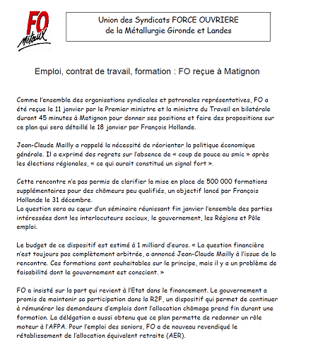 Emploi, contrat emploi janvier 2016de travail, formation : FO reçue à Matignon